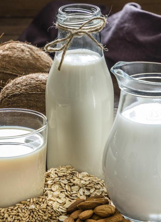 A glass, a bottle and a jug of milk surrounded by tree nuts, seeds, grains and coconuts. 