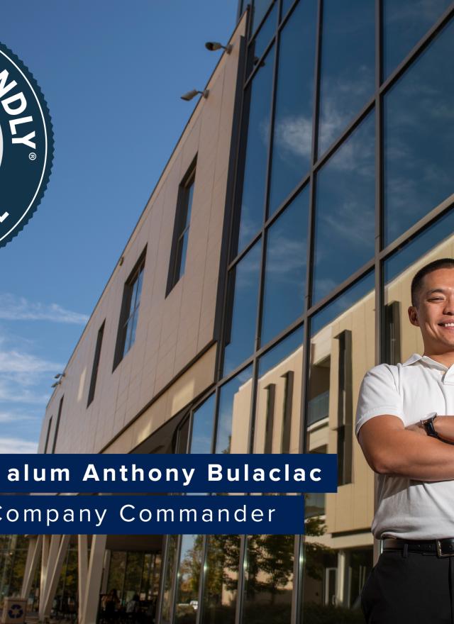 Anthony Bulaciac with arms crossed with graphic of Military Friendly badge