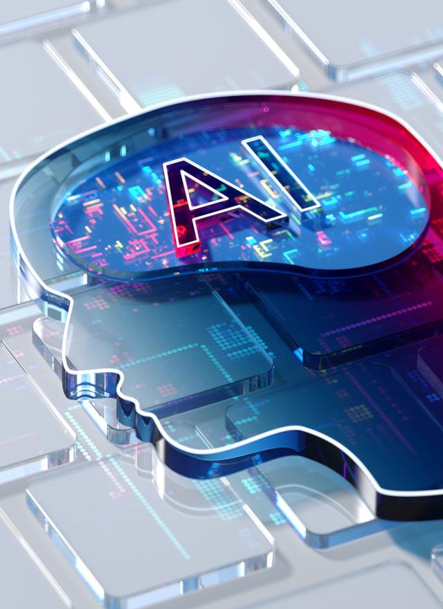 Image of AI emblazoned on brain overlaying keyboard