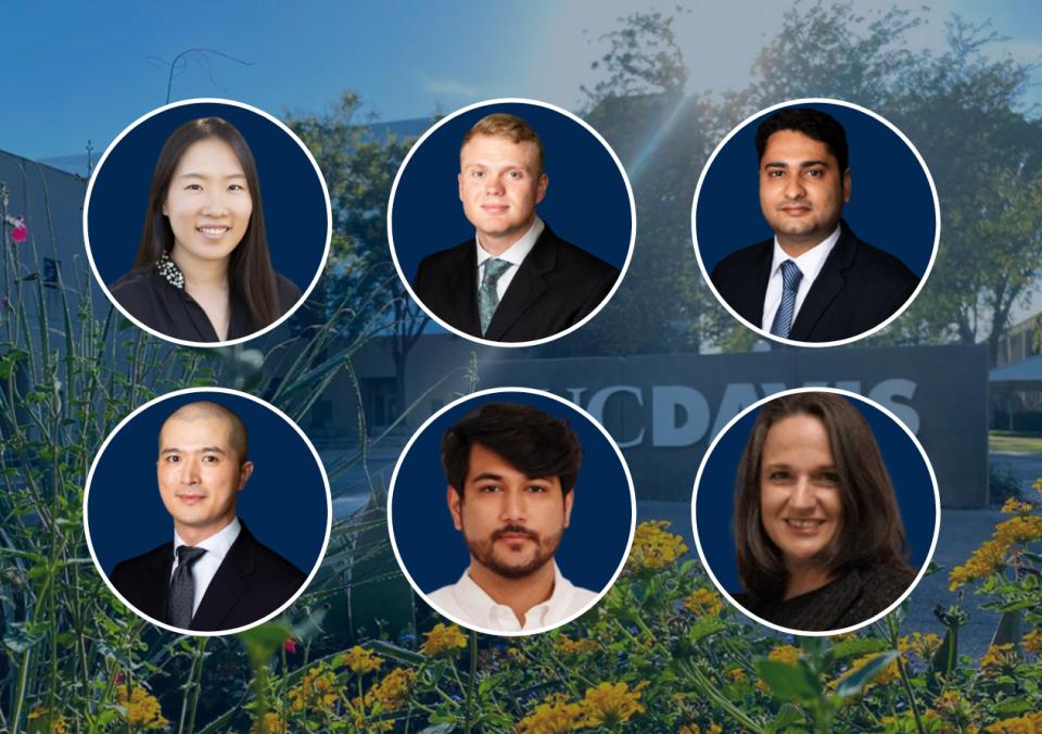 Six individual headshots in circles in front of the UC Davis welcome sign